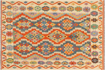 Flat Weave Kilim, Antique, Navaho, Vintage, Handmade, Geometric Kilim Rust Beige Hand-Woven Rectangle 100% Wool Area Rug 4 x 6